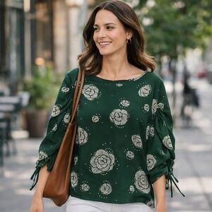 Ann Taylor Factory Green Floral Print Long Sleeve w Ties Tunic Top XL Cottage